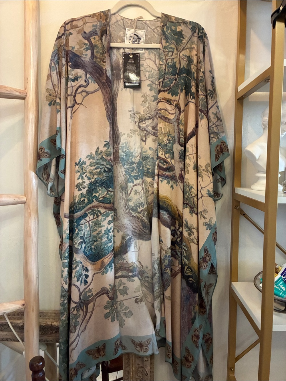 Beige and Teal Woodland Print Open-Front Kimono -